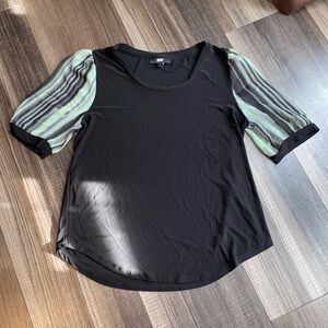 DKNY Black Top with Green Striped Sleeves